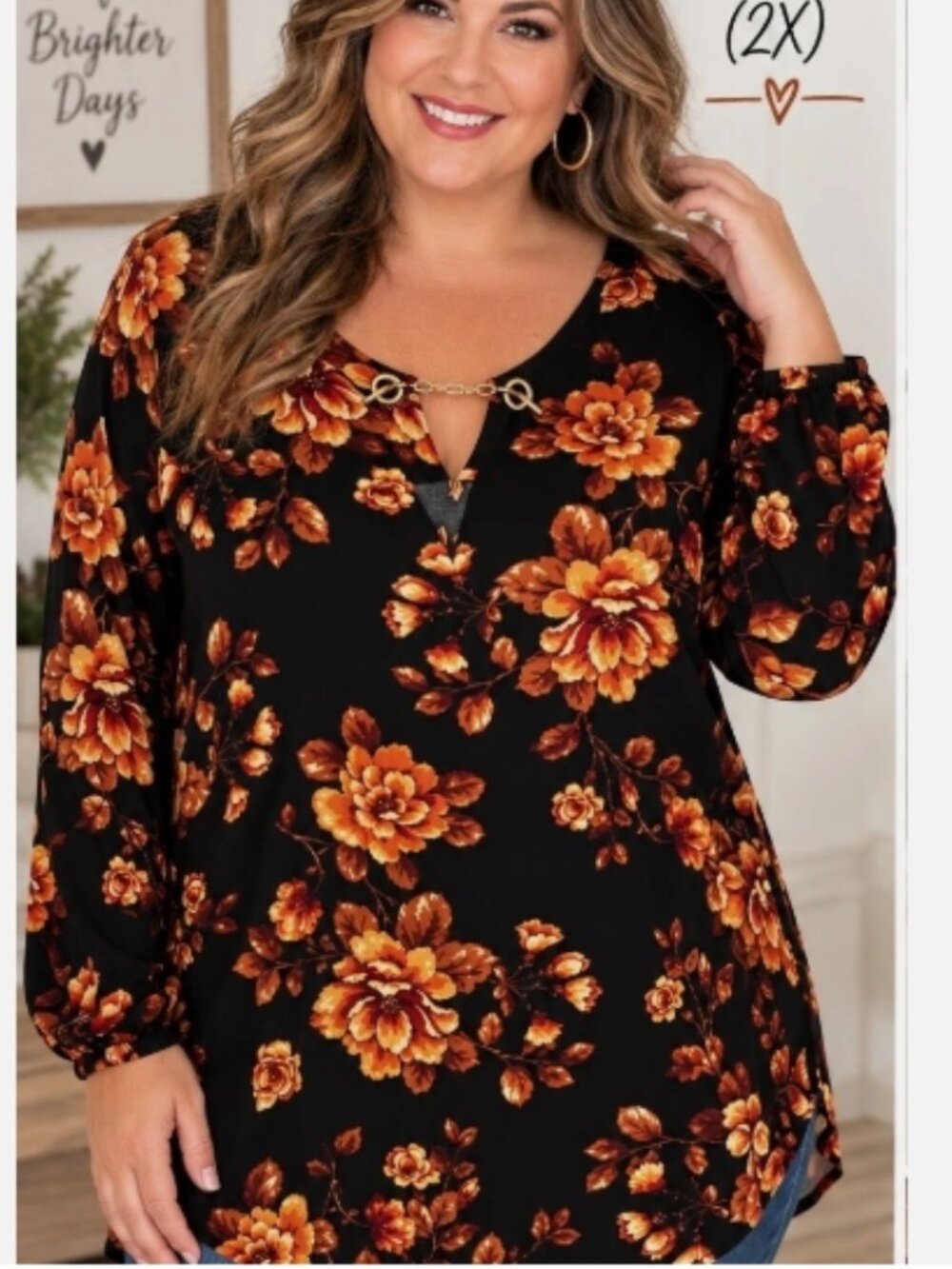 Torrid Black Floral Long Sleeve V-Neck Shift Top Rayon Chain Accent Size 2X